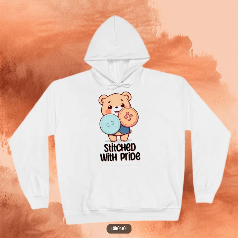 Funny hoodie showcasing a happy Kawaii bear tailor proudly holding a large, colorful sewing button, designed for cozy crafting.
