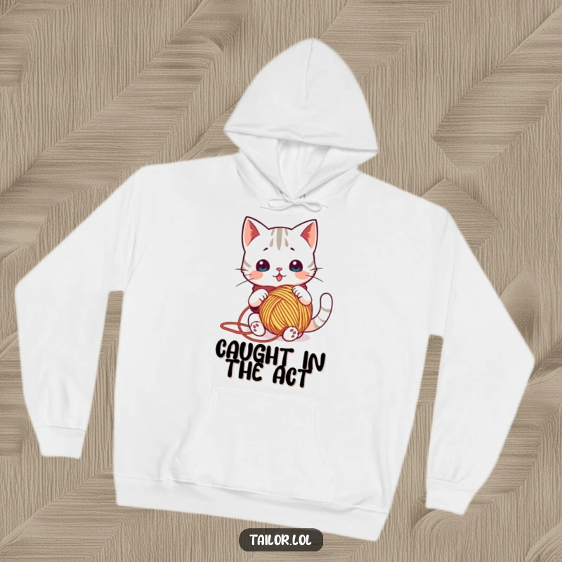 Funny hoodie showcasing a surprised Kawaii cat tailor comically tangled in a large ball of yarn, designed for cozy crafting comfort.