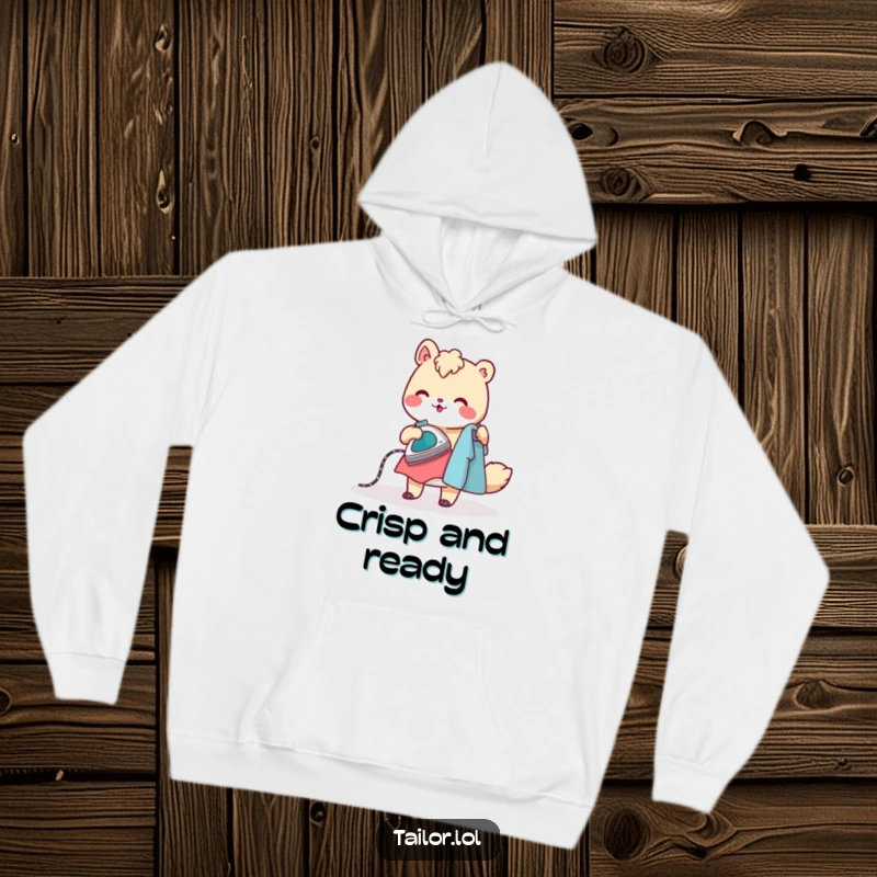 Funny hoodie featuring a cheerful animal character ironing clothes with a tiny, steaming iron, combining warmth with laundry humor.