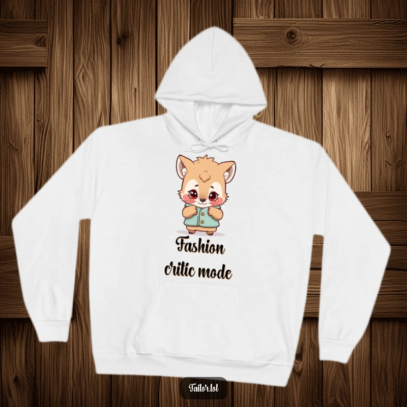 Funny hoodie featuring a curious animal character examining a garment with a critical eye, offering comfort and fashion humor.