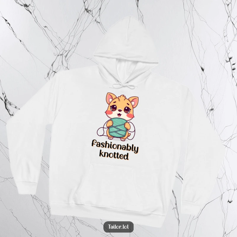 Funny Tangled Animal Hoodie, a surprised creature comically ensnared by a spool of thread, offering cozy humor.