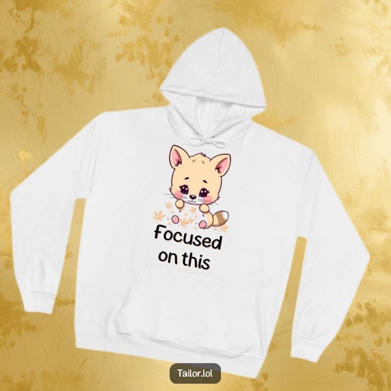 Funny hoodie depicting a cute animal character laser-focused on examining a pattern, embodying intense concentration with a touch of cuteness.