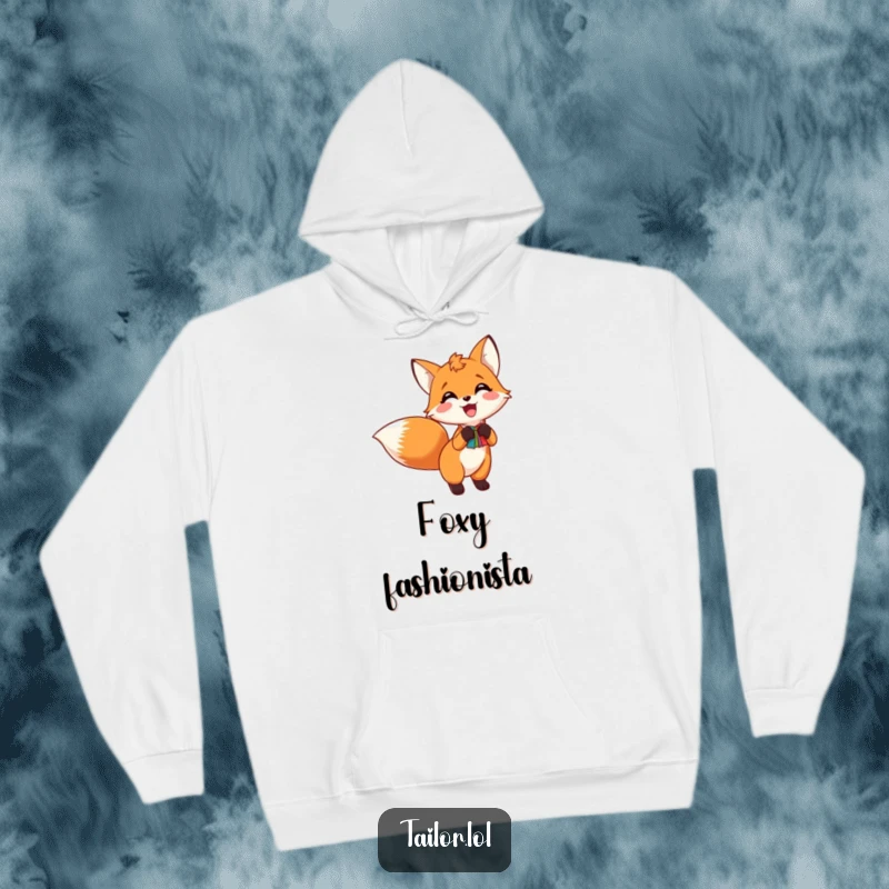 Funny hoodie depicting an excited fox adorably pinning a fabric swatch to its tail, ready for cozy creative sessions.