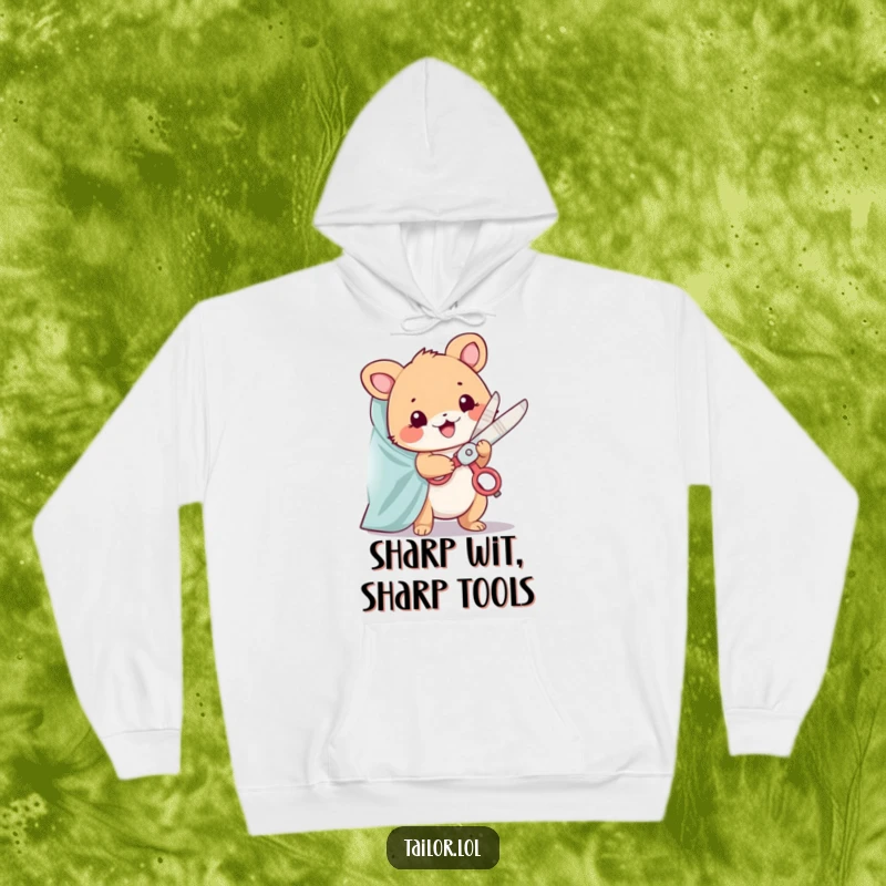 Funny hoodie depicting a cute animal character happily snipping fabric with oversized, sparkling scissors; cozy and humorous.