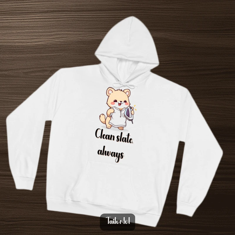 Funny hoodie featuring a cute animal character happily ironing a wrinkled shirt, embodying domestic joy and cozy humor.