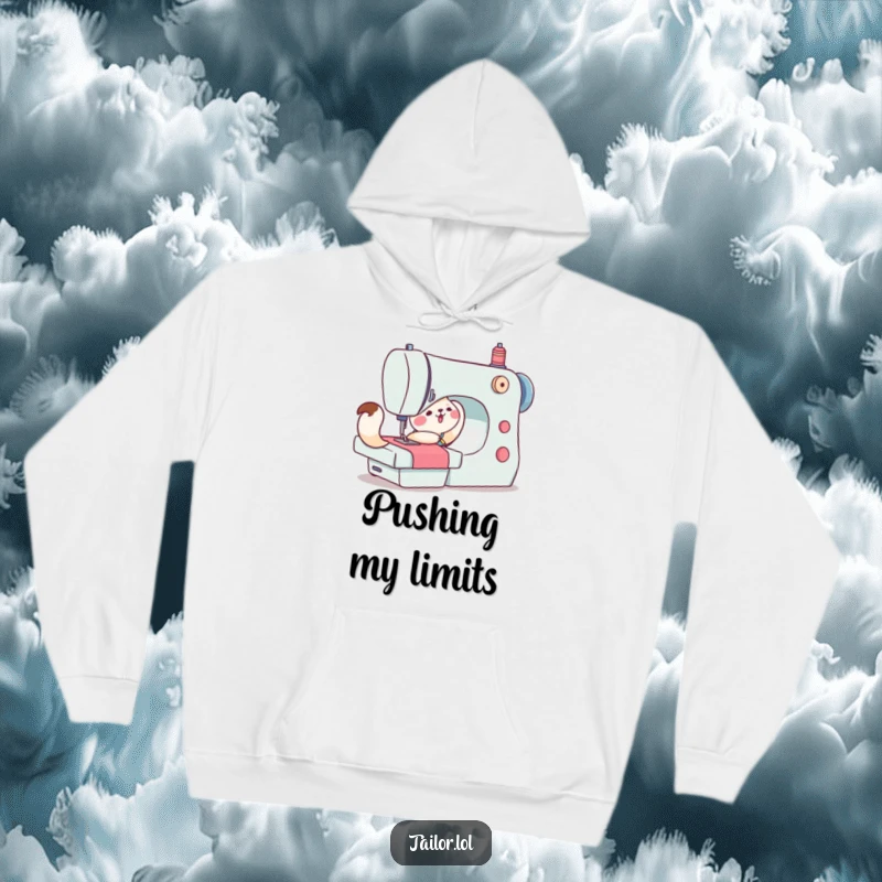 Funny hoodie featuring a cute animal character struggling to push a large sewing machine, embodying the humorous challenges of creativity.