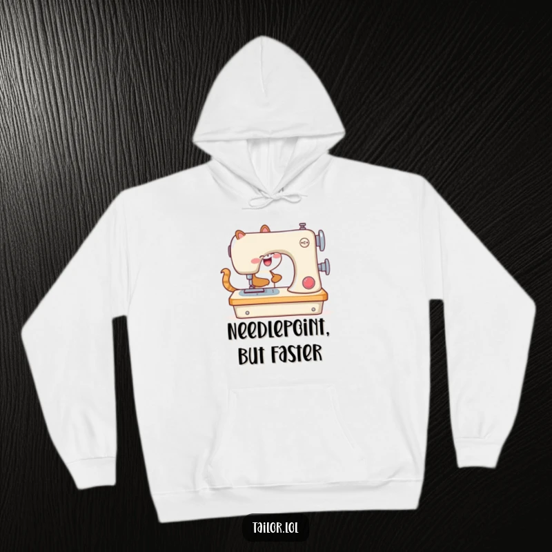 Funny hoodie depicting an animal happily operating a comically large sewing machine, ideal for cozy crafting.