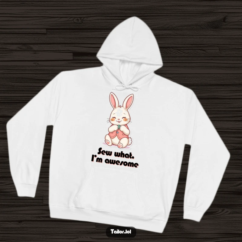 Funny Hoodie: Adorable bunny sewing a button onto a miniature vest, exuding joy and a passion for crafting.