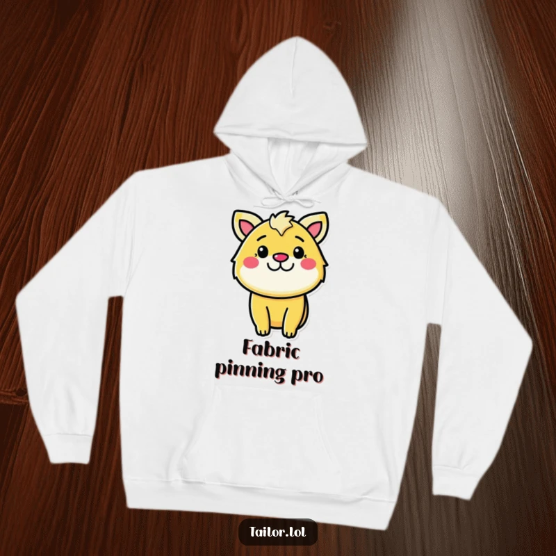 Funny determined sewer hoodie, a cheerful animal character pinning fabric with focus and a smile, cozy and determined.