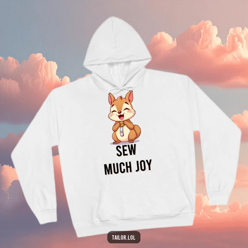 Funny hoodie with an excited squirrel character sewing a small button onto clothing, a warm funny gift.