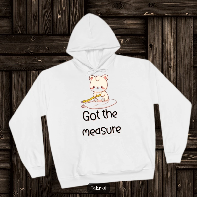 Funny fabric measuring animal hoodie with a cute creature attentively measuring a lengthy bolt of fabric, perfect for cozy crafting.