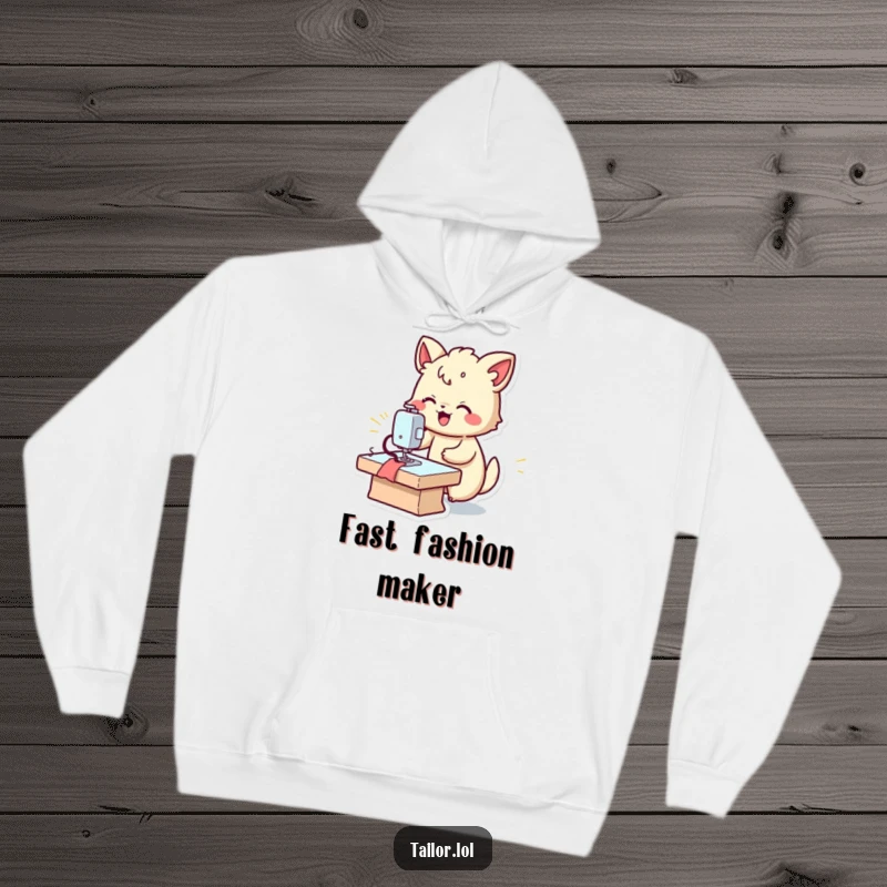 Funny fast sewer hoodie, a joyful animal sewing rapidly, cozy and efficient for cold days.