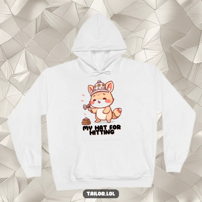 Funny hoodie depicting an animal wearing a thimble as a hat, enthusiastically hammering, ideal for cozy workshops.