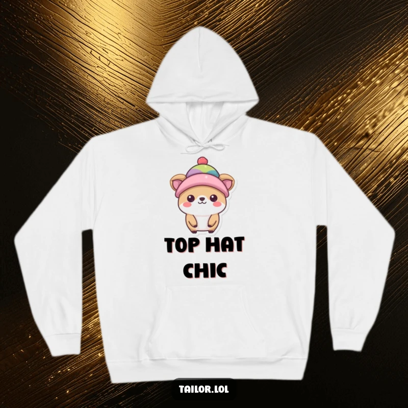 Funny hat model hoodie, a happy animal posing with a small, colorful hat, cozy and fashionable.