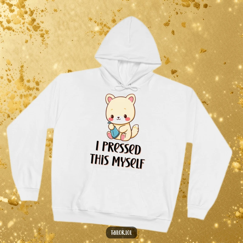 Funny Hoodie: A kawaii animal character delicately ironing a minuscule piece of cloth, looking extremely concentrated.