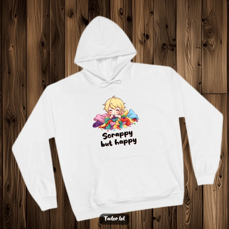 Funny hoodie featuring a joyful character sorting a pile of vibrant fabric scraps, a perfect humorous gift for fabric lovers.