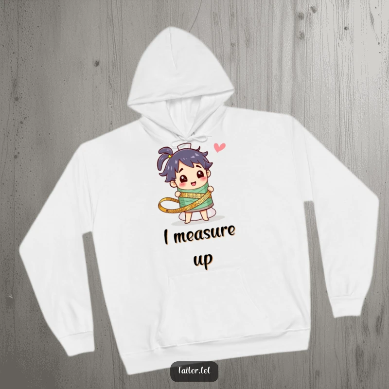 Funny hoodie featuring a joyful character using a measuring tape on a gigantic spool of thread, a perfect humorous gift for sewers.