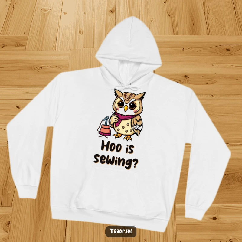 Funny owl tailor diligently sewing a patch on a warm hoodie, a perfect cozy and humorous apparel gift.