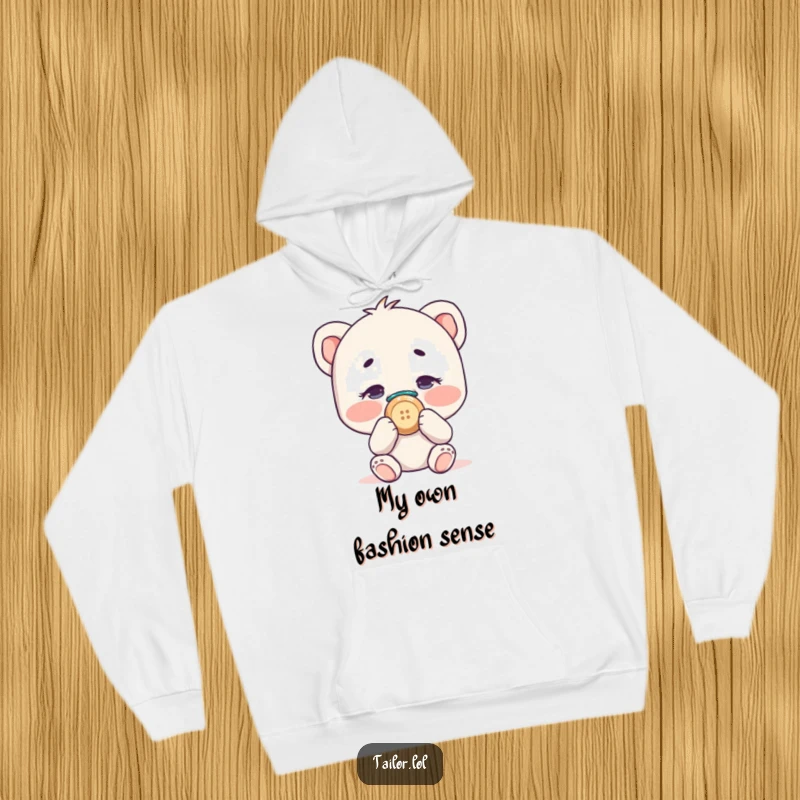 Funny character comically sewing a button onto their own nose, a cozy and humorous hoodie.