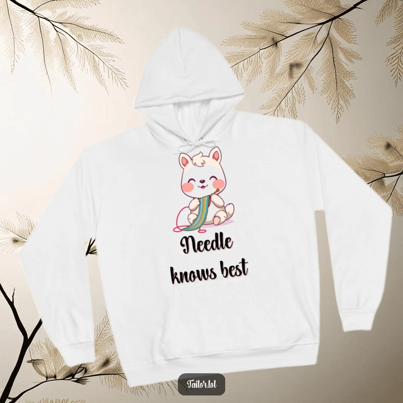 Funny sewing animal hoodie with a cheerful character using a needle to make a lengthy, vibrant stitch, a cozy delight.
