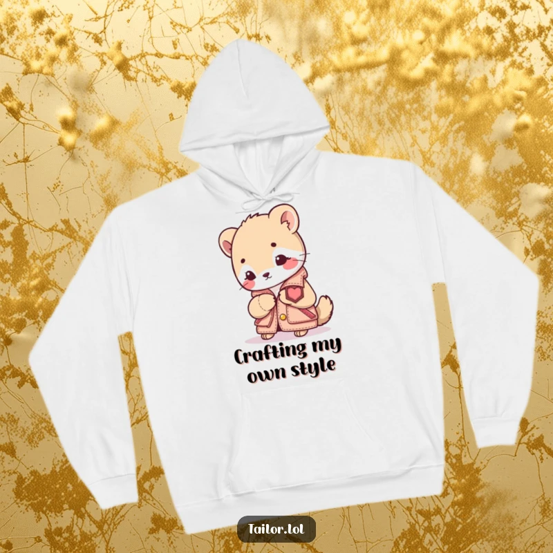 Funny Sewing Animal Hoodie: A cute animal character focused on sewing a patch onto a miniature jacket. Warm, comfortable, and inspiring.