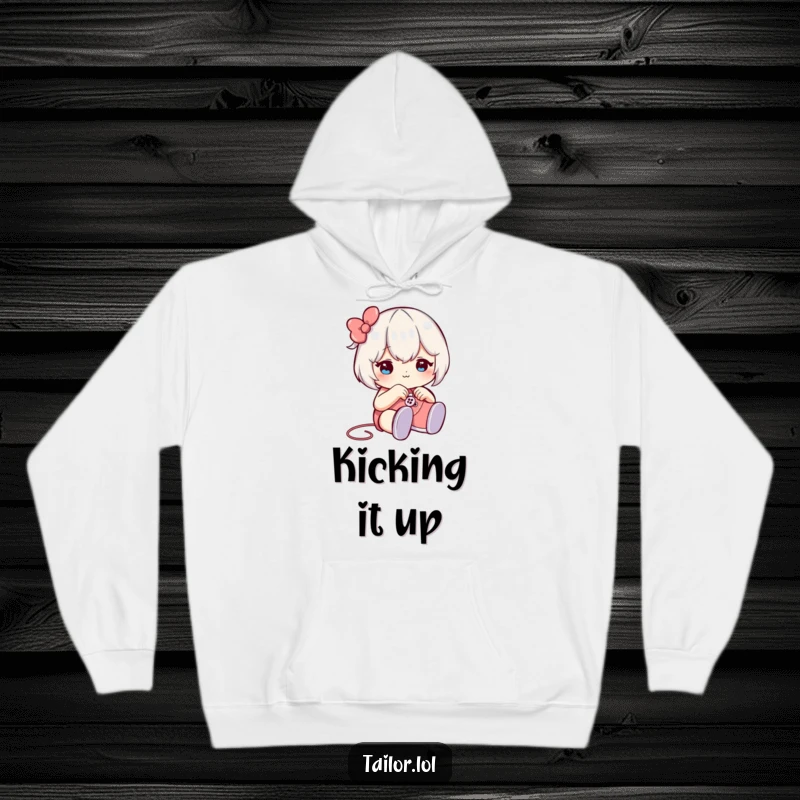 Funny hoodie featuring a character winking while sewing a button onto a tiny shoe, perfect for cozy crafting and humorous pride.
