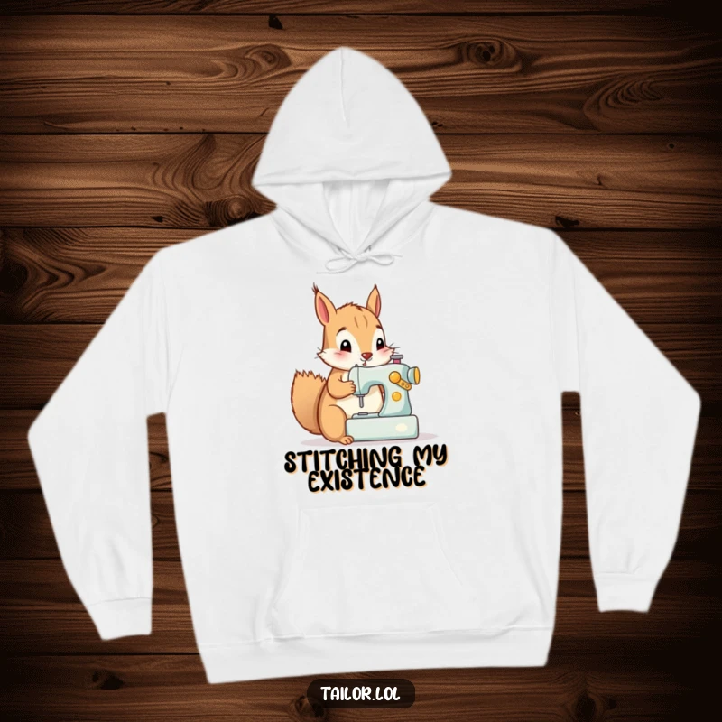 Funny hoodie showing a curious squirrel intensely operating a small sewing machine, great for cozy crafting sessions.