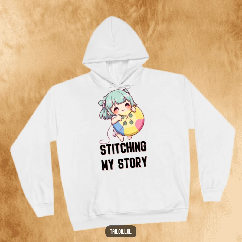 Funny character sewing a button on a hoodie, designed for cozy crafting sessions.
