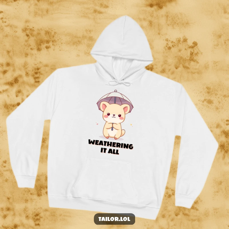 Funny hoodie showcasing a cute animal character with a thimble acting as a tiny umbrella, offering warmth and humorous rainy day vibes.