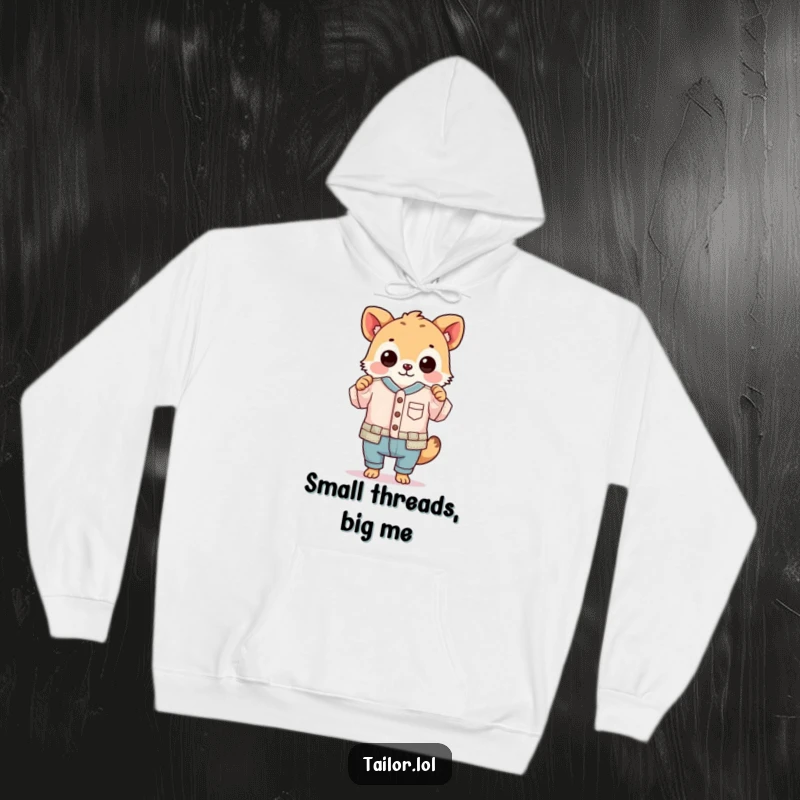 Funny hoodie showing an animal proudly holding a ridiculously small, perfectly sewn garment, perfect for cozy crafting sessions.