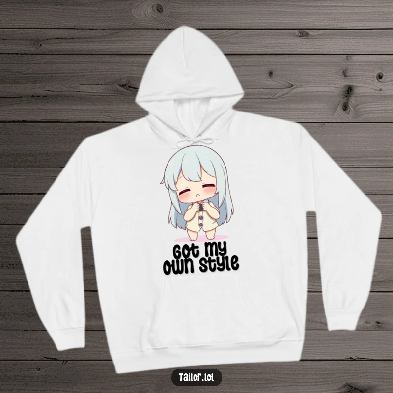 Funny hoodie depicting a character playfully adjusting a comically large button on a tiny shirt; cozy and humorous.