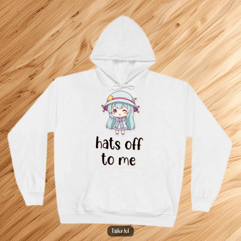 Funny hoodie depicting a character playfully trying on a hat decorated with sewing bobbins, perfect for cozy crafting days.