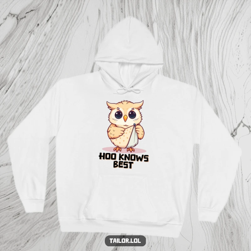 Funny Hoodie: Curious owl meticulously pinning a sewing pattern onto cloth, conveying a studious and crafty personality.