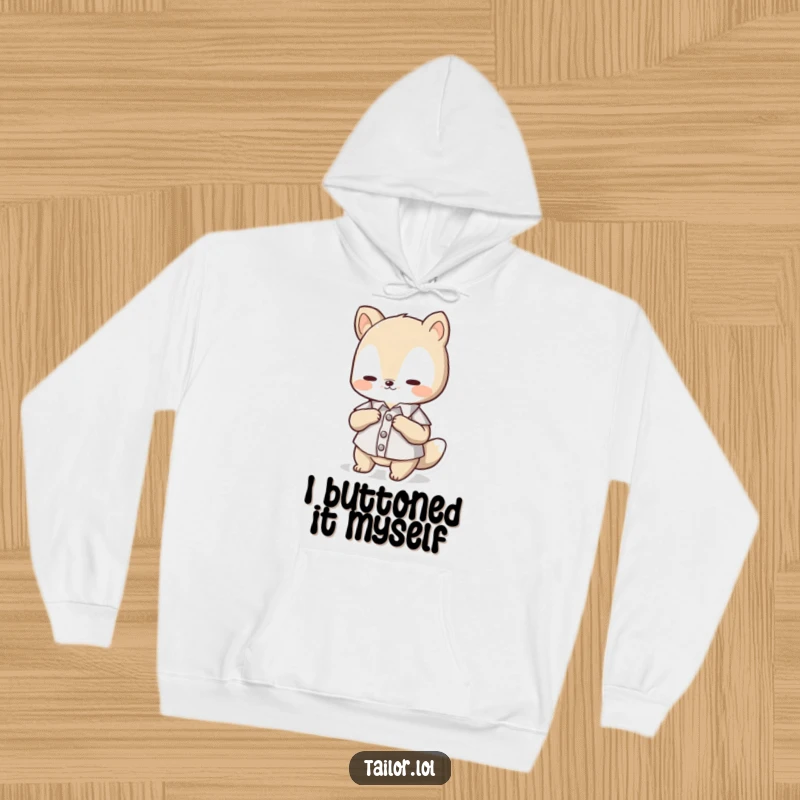 Funny Hoodie: A kawaii animal character meticulously adjusting a minuscule button on a tiny t-shirt, looking incredibly focused.