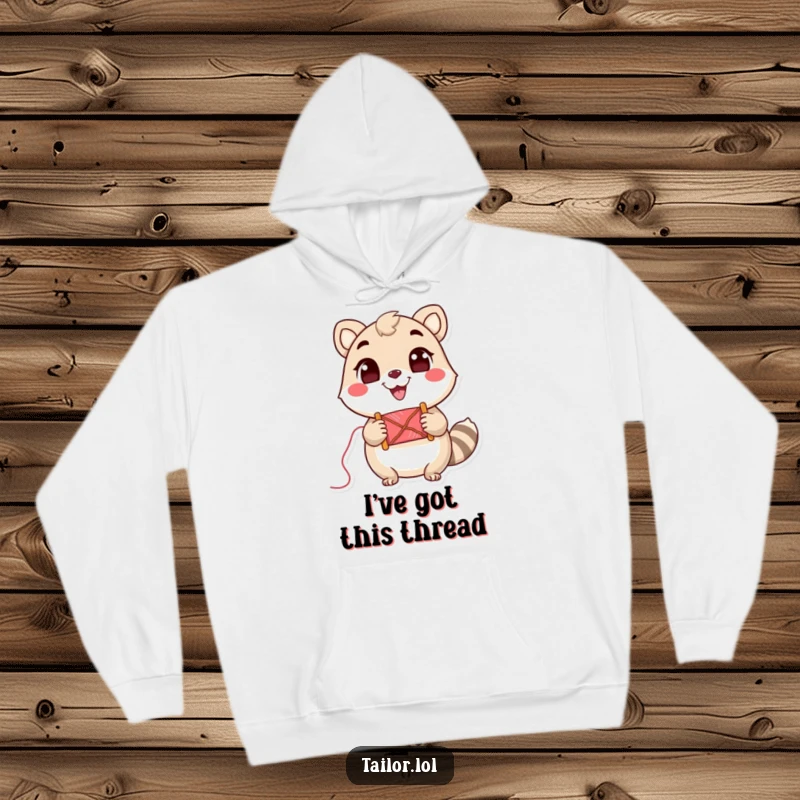 Funny Hoodie: A kawaii animal character happily holding a spool of thread, beaming with a wide, cheerful smile.