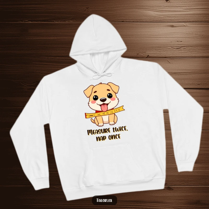 Funny dog hoodie graphic showing a happy dog with tongue out, measuring a ribbon, radiating playful mischief.