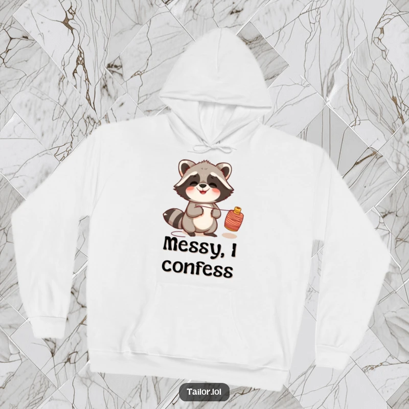 Funny giggling raccoon hoodie showing a raccoon playing with a thread spool, exuding cheeky fun and merriment.