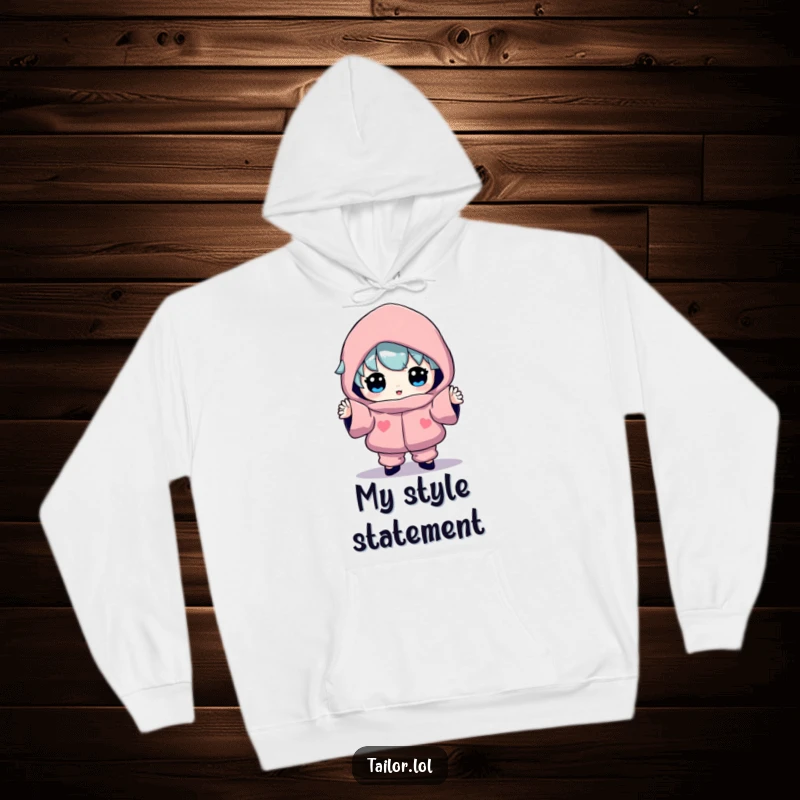 Funny hoodie showcasing a character proudly presenting a brightly colored, eccentrically shaped garment, perfect for cozy, humorous self-expression.