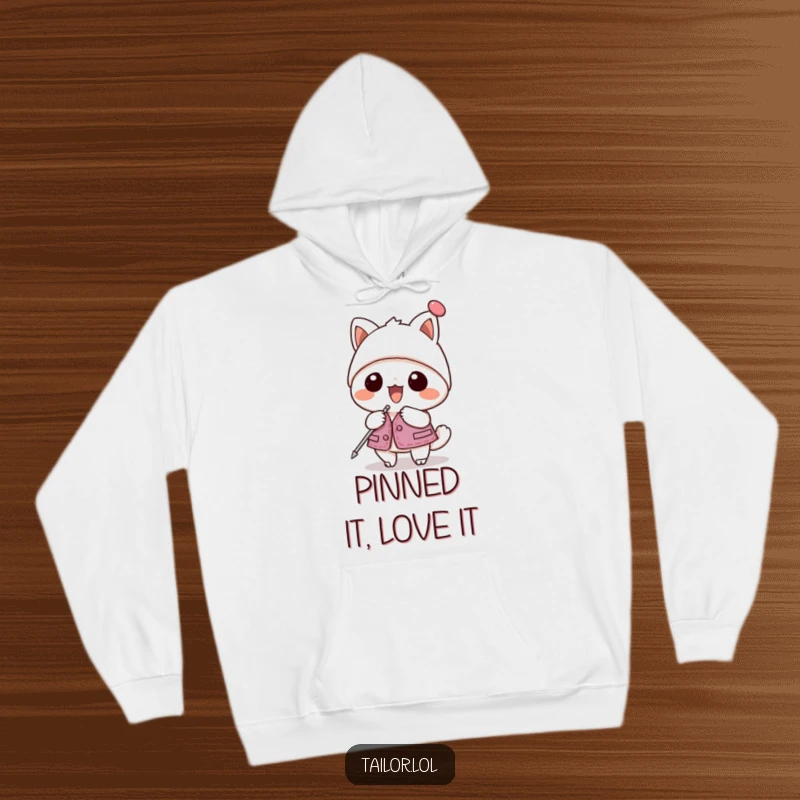 Funny hoodie depicting a kawaii animal character enthusiastically pinning a garment with a giant hatpin; cozy and charming.