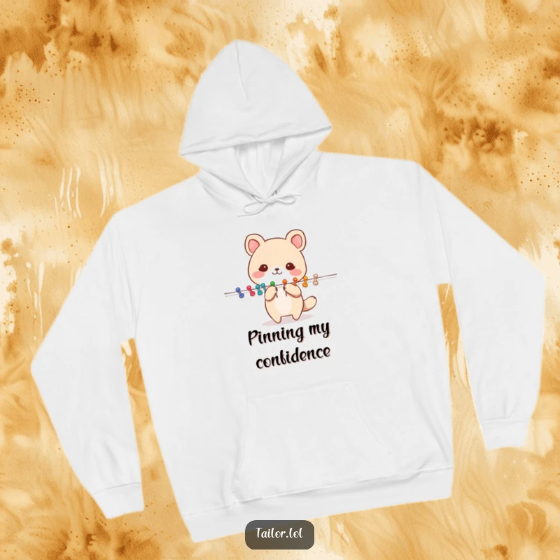 Funny Pinning Animal Hoodie: A cute animal character happily pinning fabric with colorful pins. Warm, comfortable, and inspiring for planners.