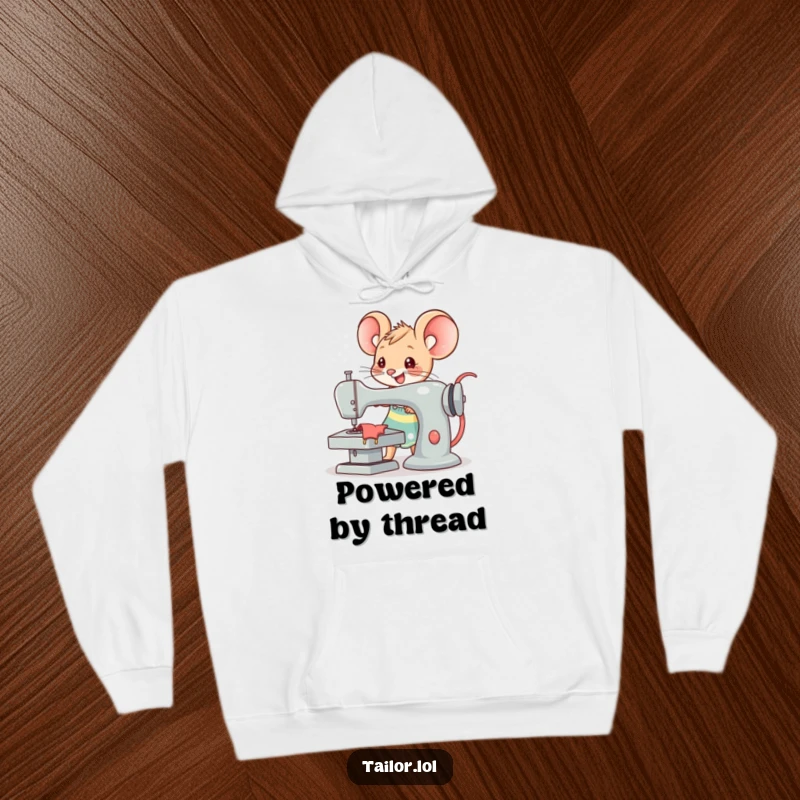 Funny Kawaii mouse tailor character joyfully operating an oversized sewing machine, warm and humorous hoodie for crafters.