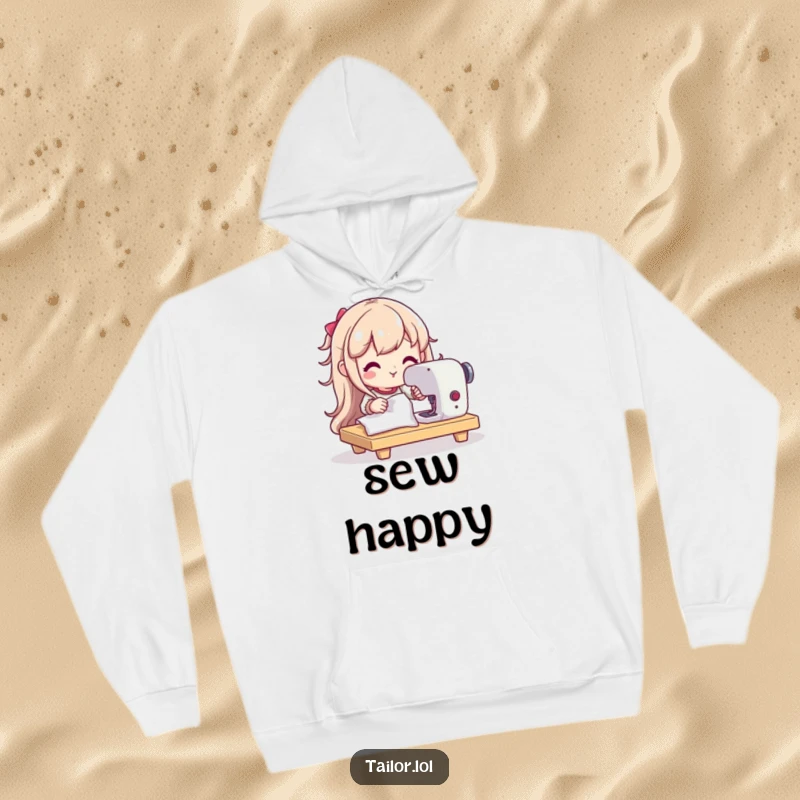 Funny hoodie depicting a happy, determined character focused on using a sewing machine, perfect for cozy crafting sessions.
