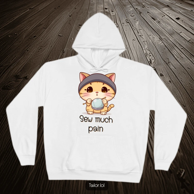 Funny surprised cat character in a thimble inspecting a large needle, featured on a cozy hoodie, a humorous gift idea.