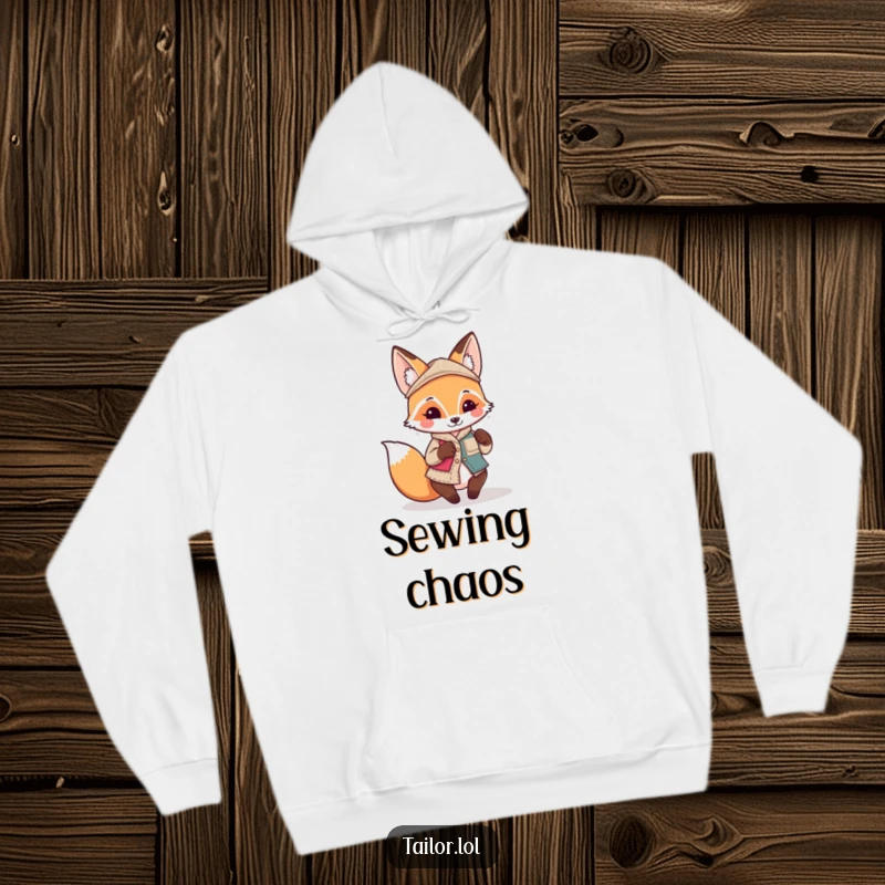 Funny Kawaii fox tailor character sewing a quirky, mismatched patch, comfortable hoodie for crafters, funny gift.