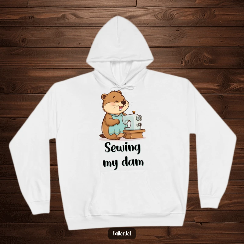 Funny busy beaver tailor enthusiastically sewing on a warm hoodie, a perfect cozy and humorous apparel gift.