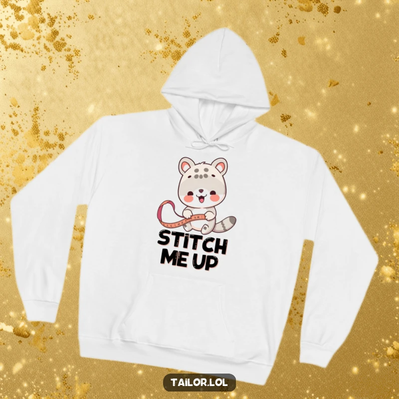 Funny animal measurer hoodie, a cute creature with a tape measure focused on fabric, cozy and creative.