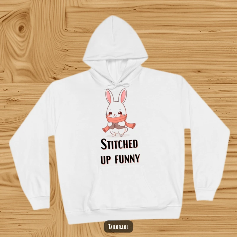 Funny Kawaii rabbit tailor character giggling while measuring a ridiculously long scarf, cozy hoodie for sewing fans, funny gift.