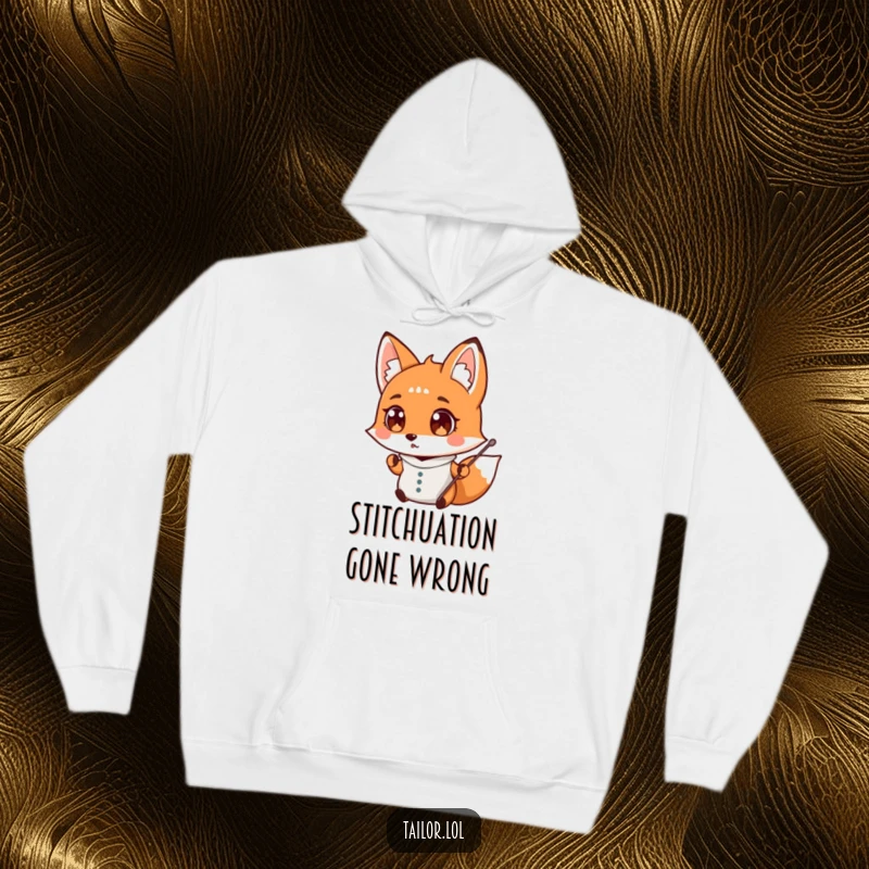 Funny surprised fox tailor dropping a needle, wide-eyed, cozy hoodie, sewing humor, perfect funny gift.