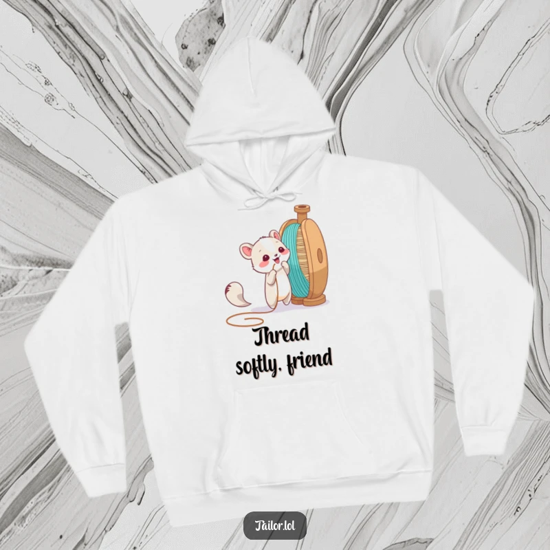 Funny hoodie featuring an animal character playfully pulling a thread from a giant spool, combining warmth with whimsical art.
