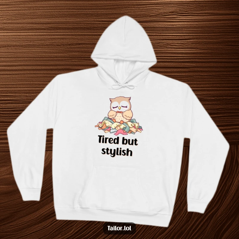 Funny Hoodie: A sleepy Kawaii owl tailor character naps on fabric scraps, offering cozy comfort and a humorous crafting theme.